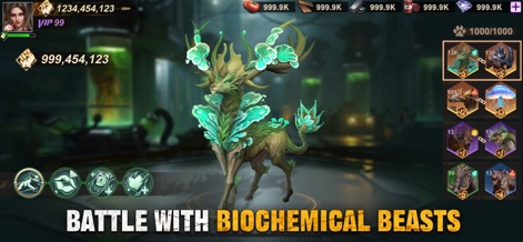 Doomsday: Last Survivors - Um cervo mutante bioluminescente é o foco central, com ícones de habilidades ativas e uma lista de criaturas para coletar no lado direito da interface, enfatizando o combate estratégico.