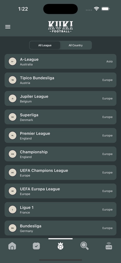 KUKI Football - Die umfassende Liste präsentiert verschiedene Ligen wie die 'A-League', die mit Filteroptionen wie 'All League' und 'All Country' durchsucht werden kann.