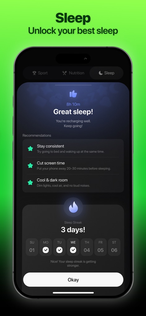 GoTall - Height Predictor - The app provides personalized recommendations for better sleep and helps users build a consistent Sleep Streak to support natural growth.