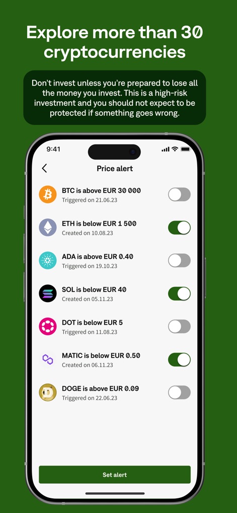 Neteller - Money Transfer - L'outil offre une gestion intuitive des alertes de prix pour diverses cryptomonnaies, affichant des seuils spécifiques pour le BTC et des interrupteurs faciles à activer pour chaque alerte.