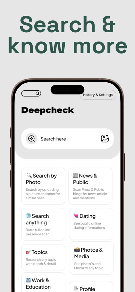 Deepcheck - AI Search - The platform offers a unified search dashboard, presenting diverse categories such as "Search by Photo" and "News & Public" for targeted research.