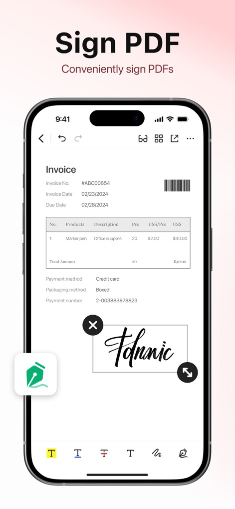 PDF Reader - Editor & Scanner - 請求書などのPDF文書に直接デジタル署名を簡単に追加でき、手書きペンツールで署名のスタイルをカスタマイズできます。