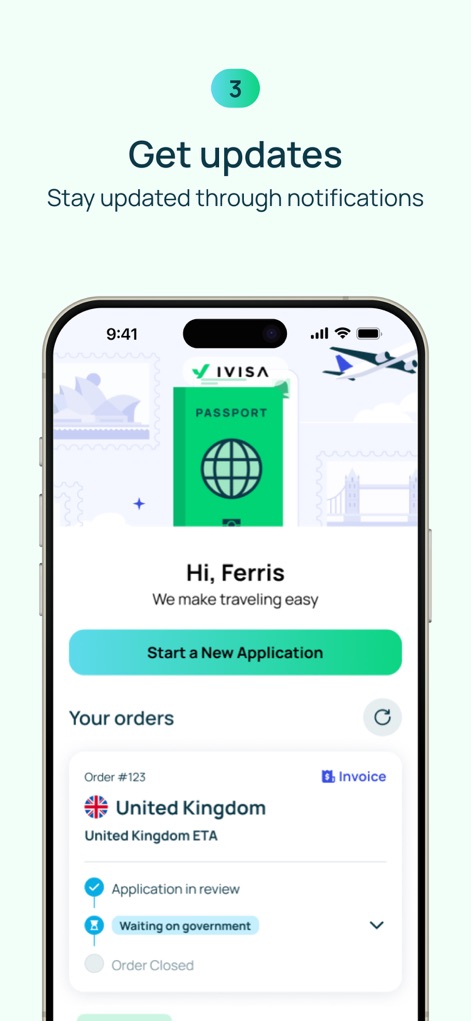 iVisa: ETA, eVisa, NZeTA, Visa - Esta vista detalla el seguimiento en tiempo real del estado de la solicitud, mostrando etapas como "Aplicación en revisión" y "Esperando al gobierno" para tranquilidad del viajero.