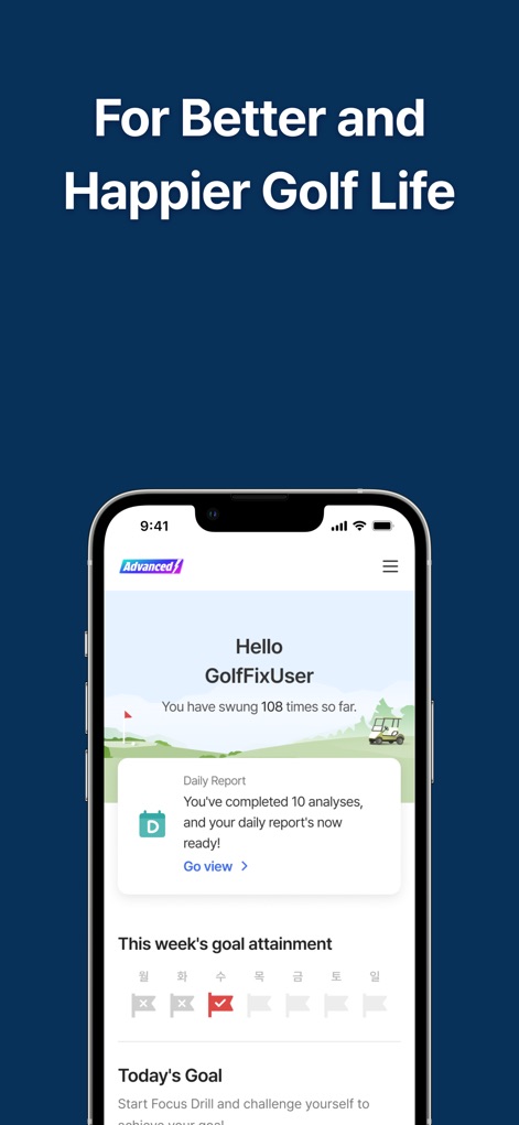 GolfFix AI Golf Swing Analyzer - Nutzer beginnen ihren Tag mit einem personalisierten "Daily Report", der die täglichen Analysen zusammenfasst, und können ihre "This week's goal attainment" sowie "Today's Goal" auf einen Blick erfassen.
