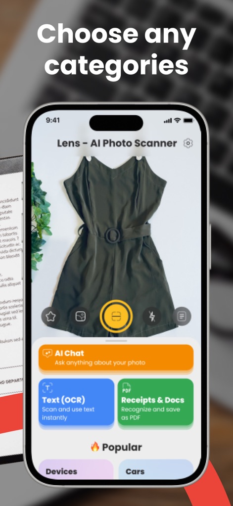 Lens - AI Photo Scanner - Les utilisateurs peuvent naviguer facilement entre diverses catégories de reconnaissance telles que 'Text (OCR)' et 'Receipts & Docs', et accéder rapidement aux actions clés grâce aux boutons d'action intégrés.