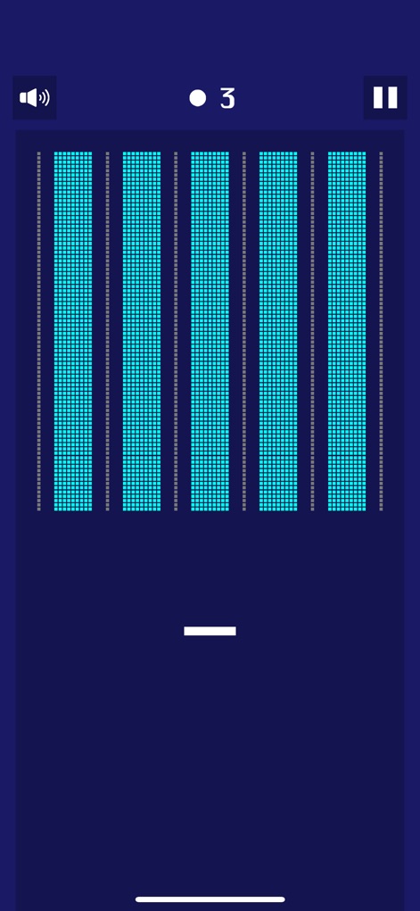 Many Bricks Breaker - Hier sind vertikale Reihen aus türkisfarbenen Blöcken zu sehen, unterbrochen von grauen Trennlinien, die eine dichte Barriere bilden, die es zu durchbrechen gilt.