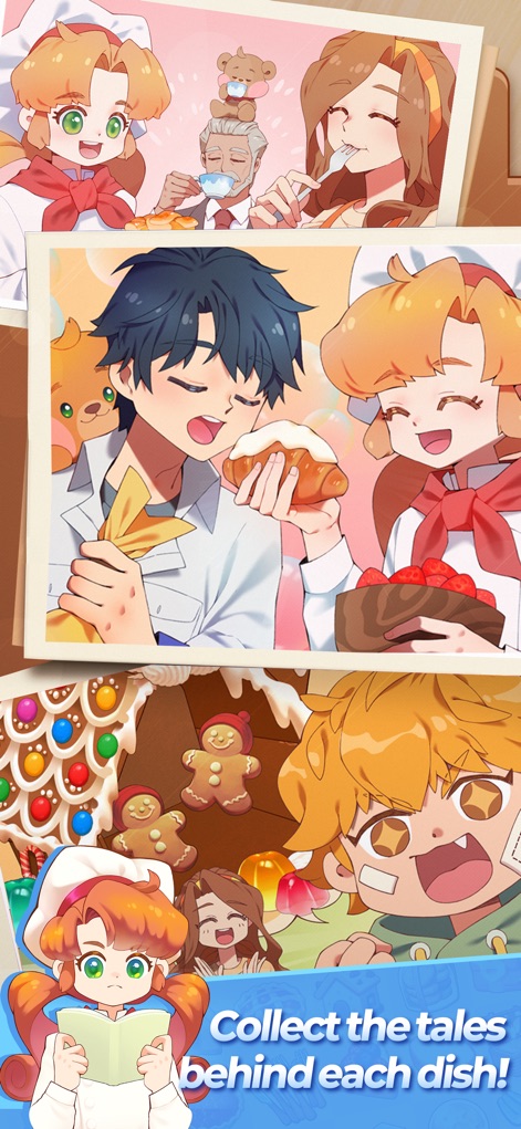 Dream Recipe : Merge Cooking - Users can delve into the narrative elements through charming photo album visuals, depicting characters enjoying meals and collecting stories, alongside a festive gingerbread house.
