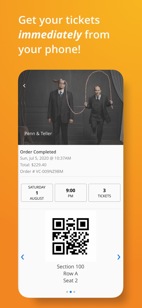 Vegas.com - Examine the app's quick access QR code for entry and detailed ticket information including specific seat assignments.