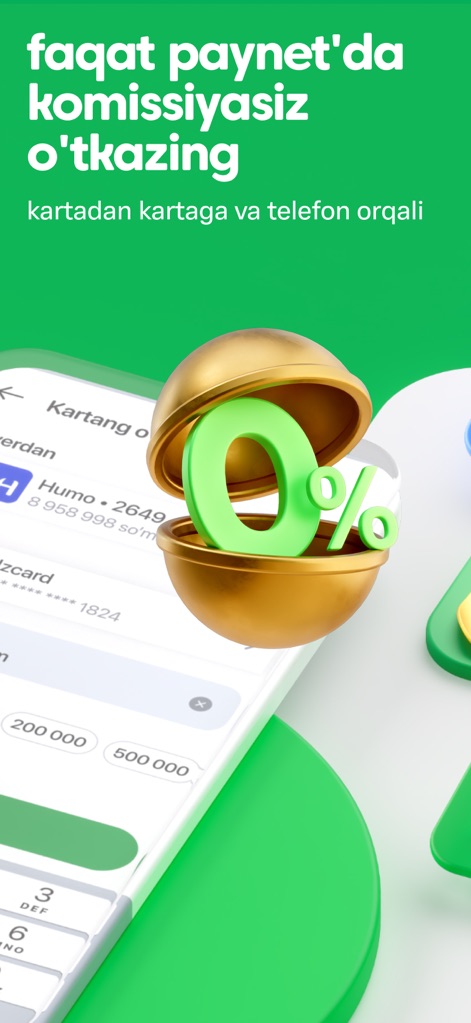 Paynet.uz - Observe the prominent 0% icon signaling cost-free money transfers, directly integrated into the intuitive card-to-card transaction interface.