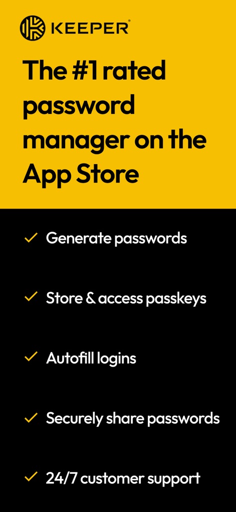 Keeper Password Manager - Dieser Screenshot hebt die Auszeichnung als erstplatzierter Passwort-Manager im App Store hervor und präsentiert zudem eine klare Auflistung der Kernfunktionen wie das Generieren von Passwörtern und den 24/7 Kundensupport.