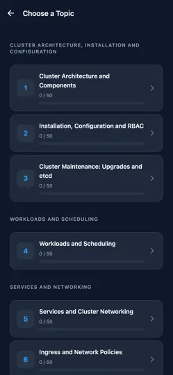 Capture d'écran de Kubernetes CKA Prep Master sur iPhone 2