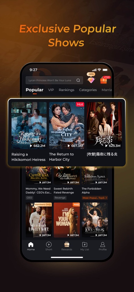 ShortMax - Watch Dramas & Show - Navigate popular content via the intuitive 'Popular' tab, showcasing top shows with prominent view counts and easy category filtering for new favorites.
