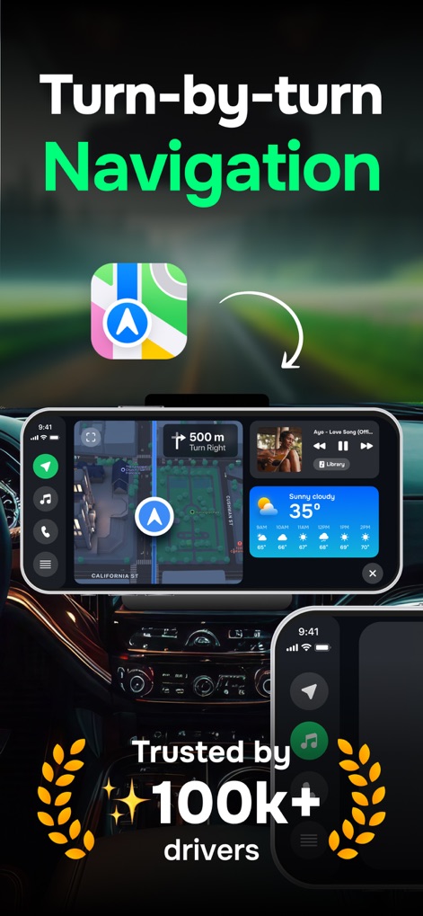 Car Play Connect: Auto Sync - La navegación paso a paso se presenta con indicaciones claras en un mapa detallado y ofrece la comodidad de widgets de información adicionales como el clima.