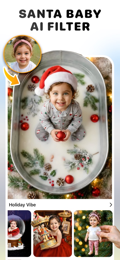Cosplay: Future Baby Generator - Discover the engaging Santa Baby AI Filter, allowing users to transform children's photos into festive holiday scenes and explore additional "Holiday Vibe" themed templates.