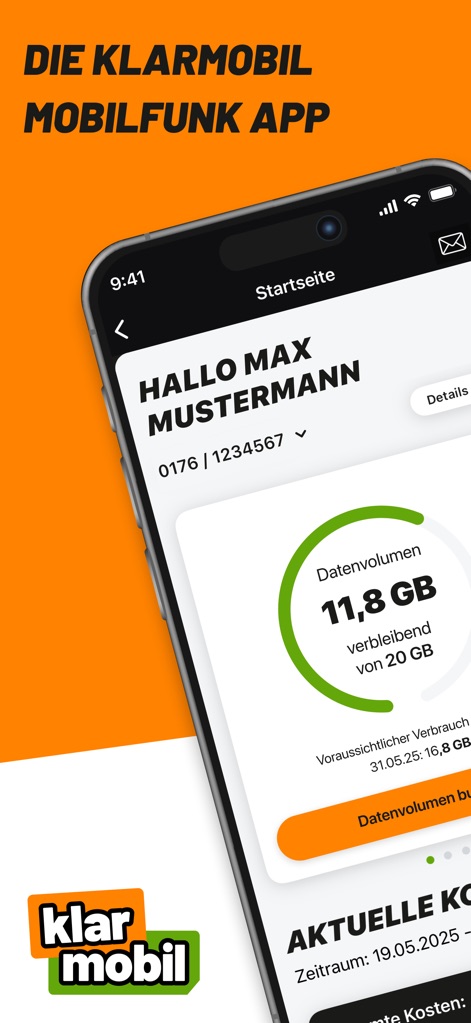 klarmobil - See how the app provides an immediate snapshot of remaining data volume and a clear display of current costs for easy management.
