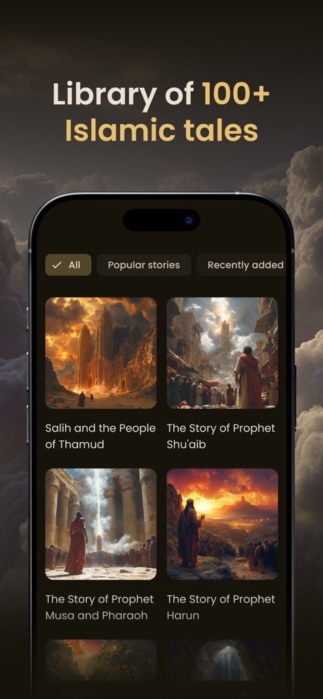 Ayatique: Quran Sleep Stories - This section reveals the app's comprehensive library of Islamic tales, allowing users to filter content by 'Popular stories' and 'Recently added' for tailored browsing.