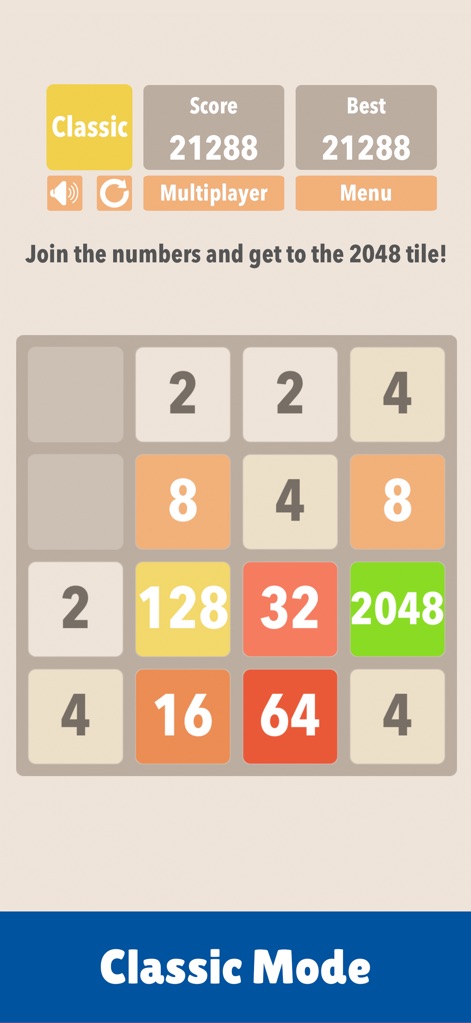 2048 :) - このスクリーンショットでは、現在のスコア「21288」が表示されており、目標である「2048」タイルがボード上にある様子から、クラシックモードの達成状況が確認できます。