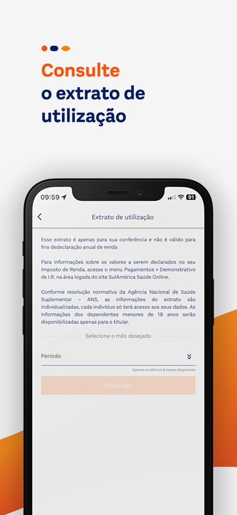 SulAmérica Saúde - Los asegurados pueden consultar su "Extrato de utilização", filtrando por "Período" para revisar el uso de su plan de salud.
