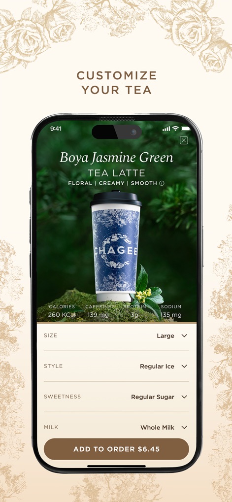 CHAGEE USA - Esta tela permite uma personalização detalhada do pedido, onde o usuário ajusta opções como "Size" e "Sweetness", enquanto as informações nutricionais, como "Calories" e "Caffeine", são exibidas para escolhas conscientes.