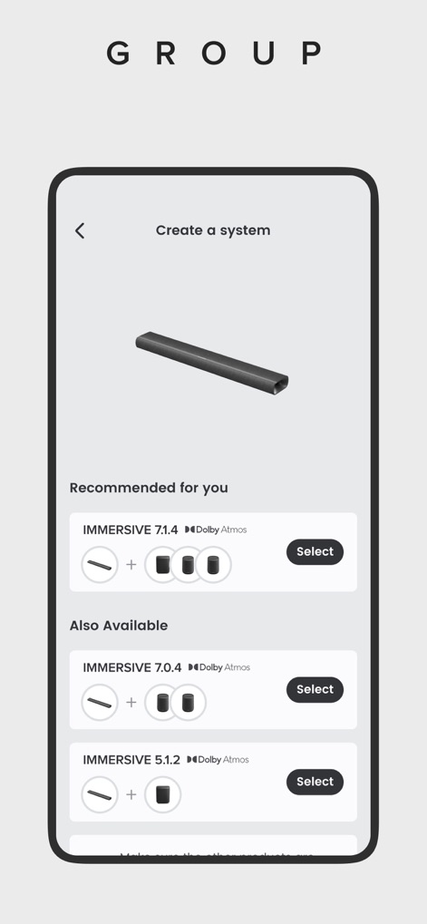 Harman Kardon One - This screen illustrates how users can create expansive multi-channel systems, visually grouping different speaker types for configurations such as IMMERSIVE 7.1.4 Dolby Atmos.
