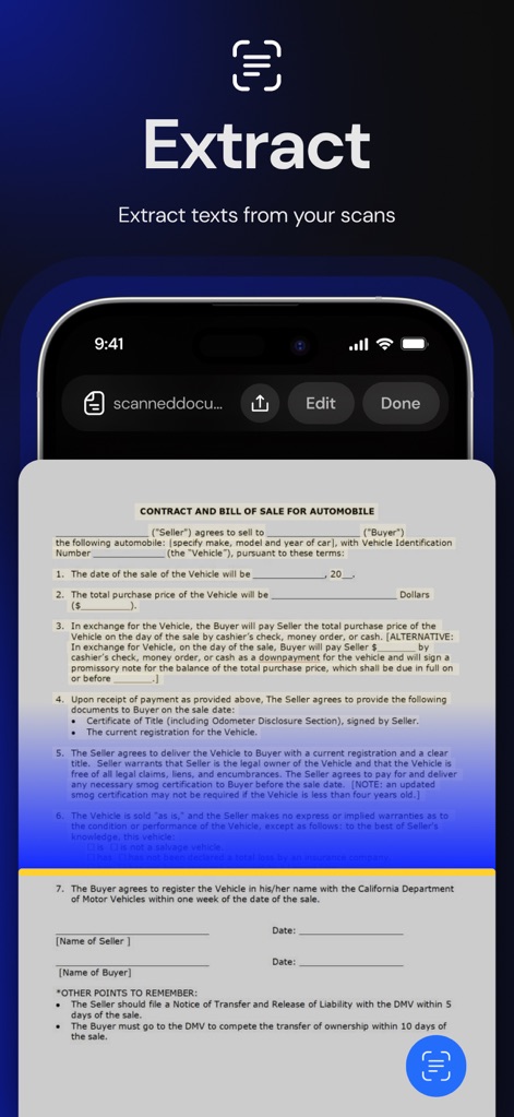 Atlas AI: PDF Document Scanner - This feature highlights the ability to "extract texts" from scanned documents, providing an "Edit" button for immediate modifications.