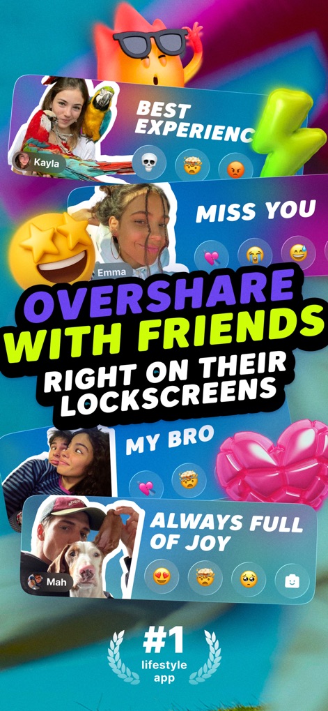 yope: friends-only pics - O aplicativo proporciona a atualização instantânea de fotos de amigos diretamente nas telas de bloqueio, apresentando reações de emoji como o crânio e frases como "BEST EXPERIENCE" sobre as imagens compartilhadas.