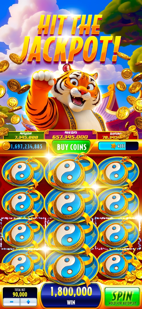 Xtreme Slots Vegas Casino Game - This tool invites users to "HIT THE JACKPOT!" with a powerful tiger character and offers a clear view of Major, Mega, and Grand jackpot totals.