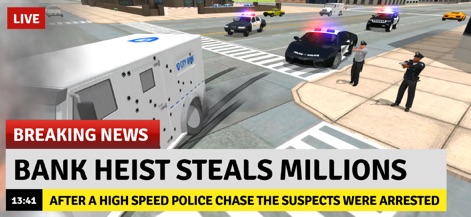 Police Simulator Cop Car Duty - Witness the dramatic scale of major incidents, depicted with a breaking news overlay and an armored truck featuring visible bullet holes from an engagement.