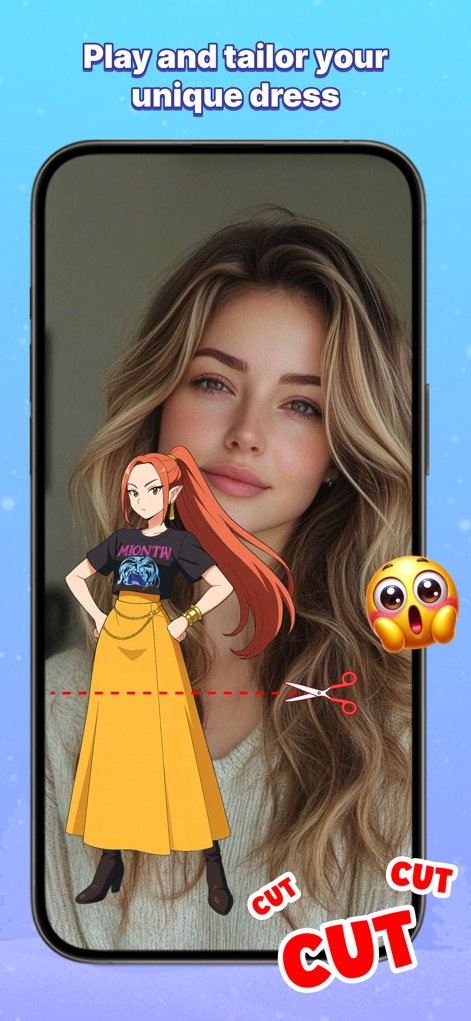 Funny Filter Challenge - ユーザーは、本アプリでリアルな顔に重ねられたアニメキャラクターのドレスをハサミで「CUT」するインタラクティブな体験を通じて、自分だけのユニークなファッションスタイルをカスタマイズできます。