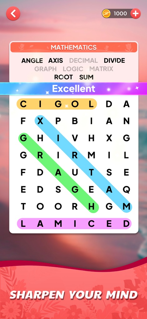 Word Search Journey: Find Word - Esta pantalla desafía la mente con palabras ocultas de temática matemática como "LOGIC" y "DECIMAL", utilizando resaltados de colores vibrantes para guiar la conexión de letras.