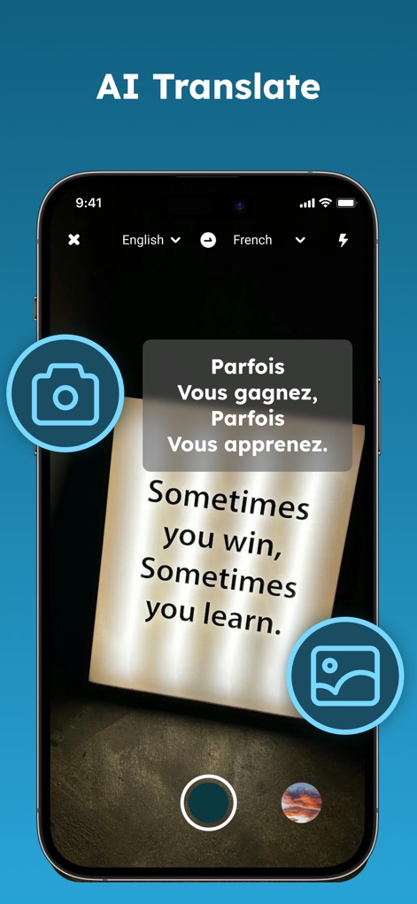 Translate Lion - A funcionalidade 'AI Translate' é demonstrada com o aplicativo sobrepondo a tradução diretamente sobre o texto capturado por meio do ícone da câmera, permitindo a compreensão de placas e documentos.
