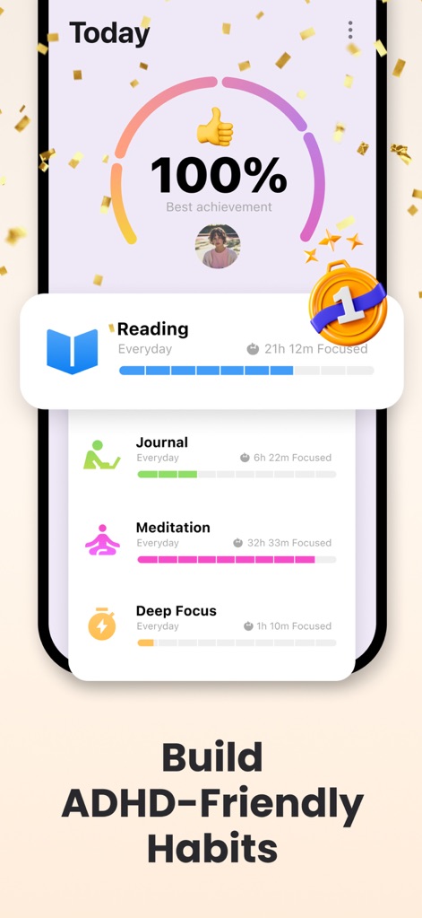 Focus Keeper - Pomodoro Timer - La herramienta celebra los logros con un porcentaje de logro del 100% y visualiza el progreso de tareas como 'Reading' y 'Journal' mediante barras intuitivas, motivando a los usuarios a mejorar su concentración.