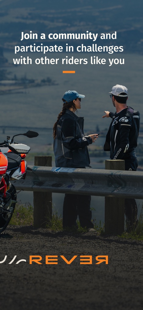 REVER - Motorcycle GPS & Rides - The app fosters a vibrant community, allowing users to connect with like-minded riders and participate in engaging challenges, as visually represented by two riders sharing an experience by their motorcycles.
