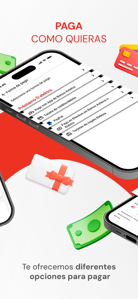 Elektra: compras en línea - La aplicación ofrece una variedad de métodos de pago, incluyendo "Tarjetas de crédito/débito" y la conveniente opción de 'Préstamo Elektra', adaptándose a las preferencias del usuario.