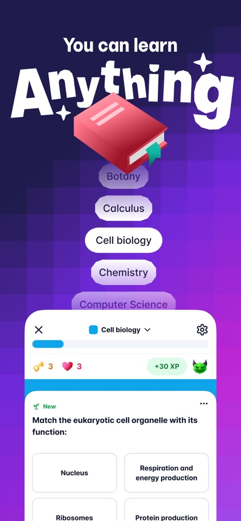 Gizmo: AI Tutor - La aplicación presenta una amplia gama de materias, como 'Biología Celular' o 'Cálculo', permitiendo a los usuarios elegir sus áreas de estudio mientras resuelven preguntas de opción múltiple, como la identificación de 'orgánulos eucariotas'.
