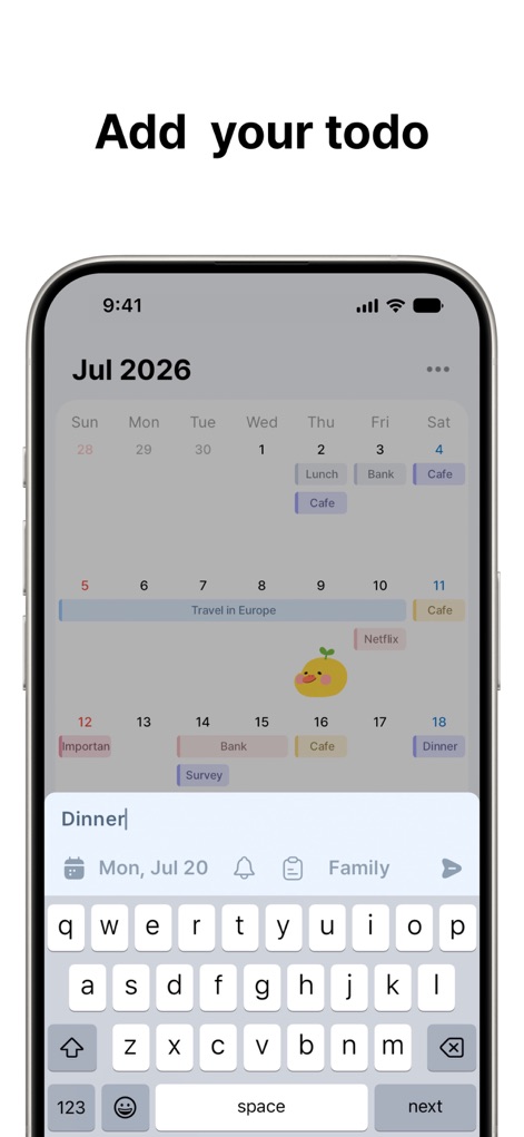 Planit - To-Do List & Calendar - 이 앱은 달력에서 직접 새로운 할 일을 추가할 수 있도록 지원하며, 키보드 입력 인터페이스와 날짜 및 알림 설정 옵션을 제공하여 간편한 입력을 가능하게 합니다.