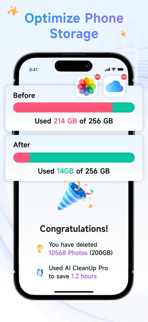 AI CleanUp Pro - Photo Cleaner - Users can easily see the impact of cleaning with a clear 'Before' and 'After' storage comparison and a congratulatory summary of items deleted.