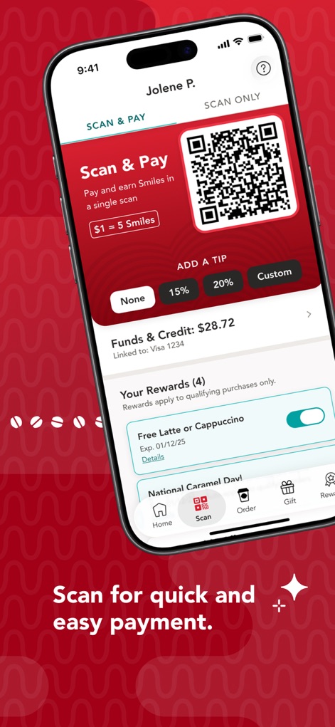 Scooter's Coffee - The app features a convenient 'Scan & Pay' option with a unique QR code for swift transactions, alongside integrated tipping options for baristas.