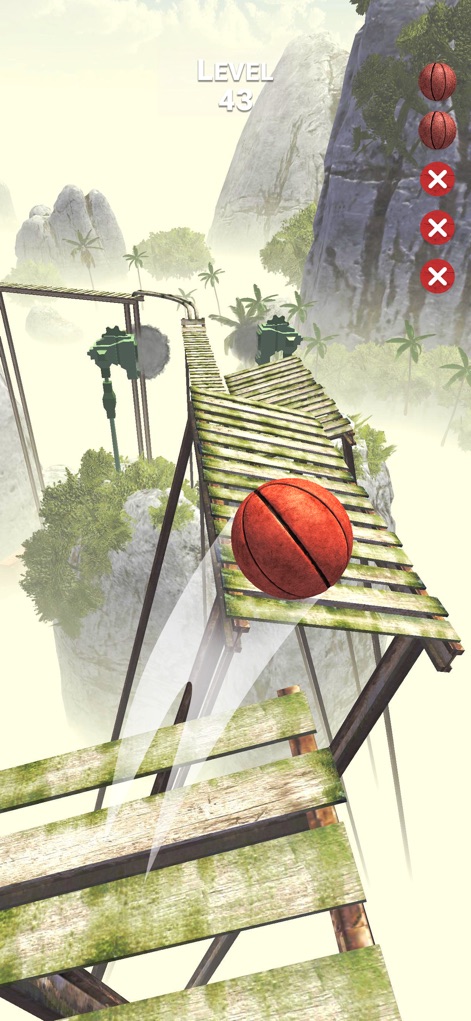 Rollance : Adventure Balls - Guide a classic basketball across challenging floating wooden paths amidst majestic mountain peaks, avoiding dangerous rotating saw obstacles.