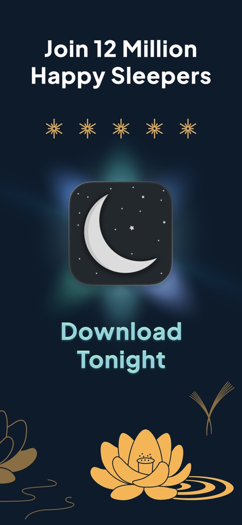 White Noise Deep Sleep Sounds - El visual celebra la gran base de usuarios con "12 Million Happy Sleepers", utilizando un icónico logotipo de luna y estrellas para invitar a más personas a descubrir los beneficios del sueño mejorado.