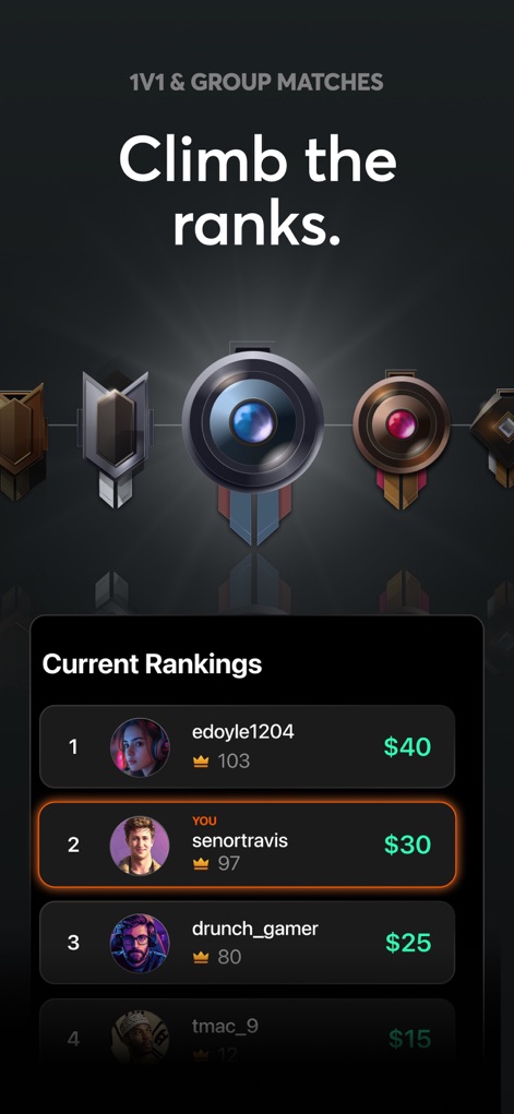Triumph: Play for Cash - Understand the app's competitive structure, with visual league tiers and a "Current Rankings" display showing player positions and associated cash rewards.