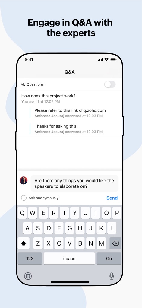 Zoho Meeting - Online Meetings - Cet outil permet une interaction directe avec les experts via une section Questions-Réponses dédiée, offrant l'option d'anonymat pour des interrogations plus libres.