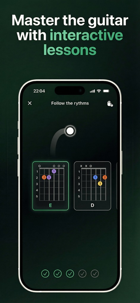 Tuner Pro: Guitar Tuner & Tab - Usuários podem praticar lições interativas, visualizando diagramas de acordes como E e D, acompanhados por um sistema de feedback de progresso.