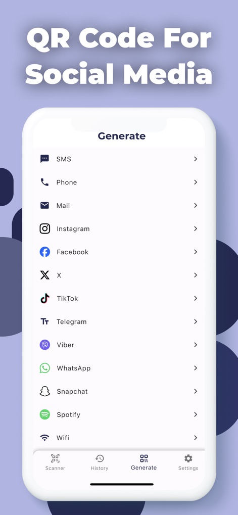 QR Code Reader App - ScanQR - Cet outil propose une large gamme d'options pour créer des codes QR, allant des SMS aux liens de réseaux sociaux comme Spotify, affichées clairement dans la liste.