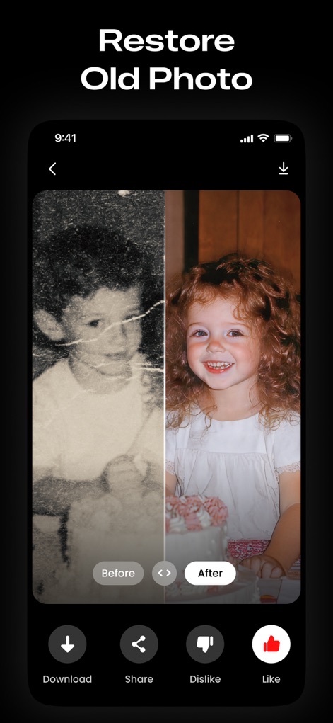 AI Photo Video Editor, Enhance - Redonnez vie à vos souvenirs passés grâce à la fonction de réparation qui restaure les anciennes photos, transformant le noir et blanc en couleurs vibrantes et éliminant les dommages.