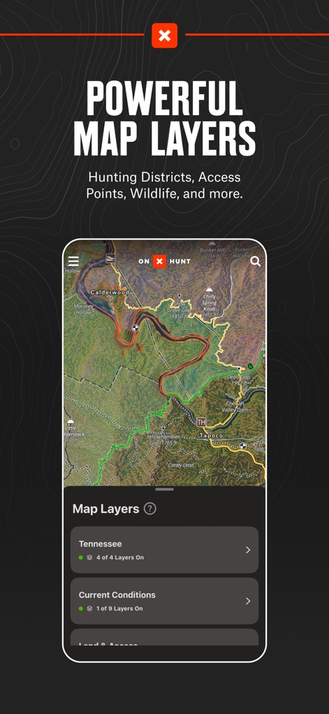 onX Hunt: GPS Hunting Maps - O aplicativo permite a ativação de diversas camadas de mapa, como as de caça do Tennessee e condições atuais, oferecendo inteligência geoespacial para planejamento estratégico.