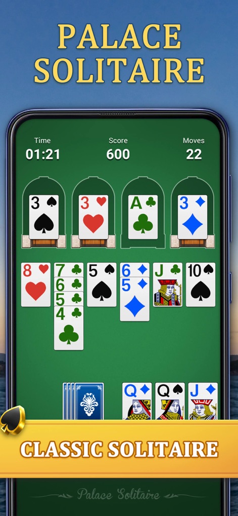 Palace Solitaire: Card Game - Experience the familiar solitaire gameplay with clearly arranged tableau cards and a prominent display of game statistics like time, score, and moves.