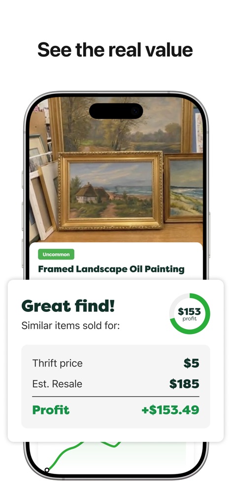 ThriftAI: Profit Identifier - The app clearly displays the estimated resale value and a precise calculated profit margin, empowering users to recognize true finds.