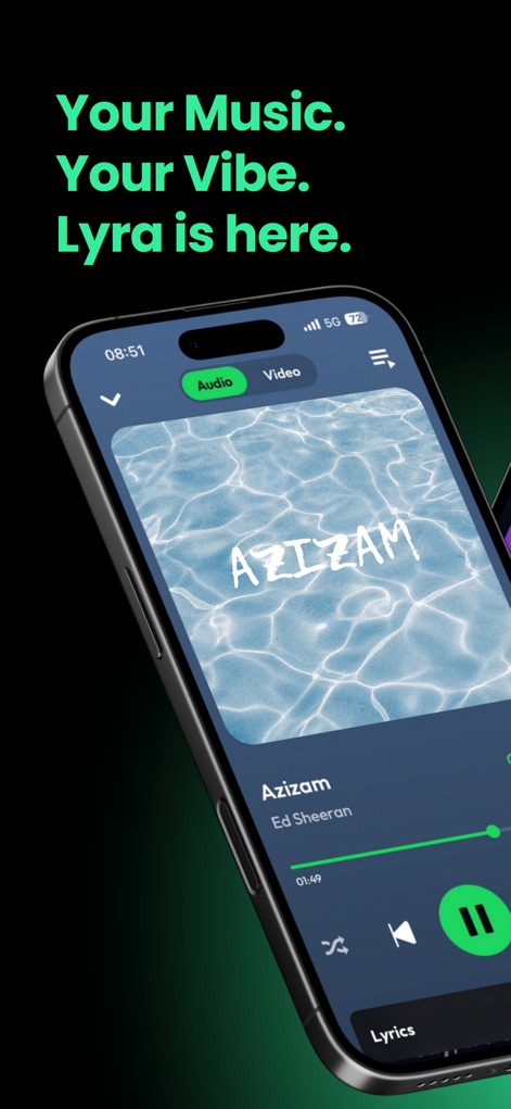Lyra - Music, Radio, eSound - This tool presents a dynamic playback interface, offering users an intuitive Audio/Video toggle and comprehensive player controls for a tailored experience.