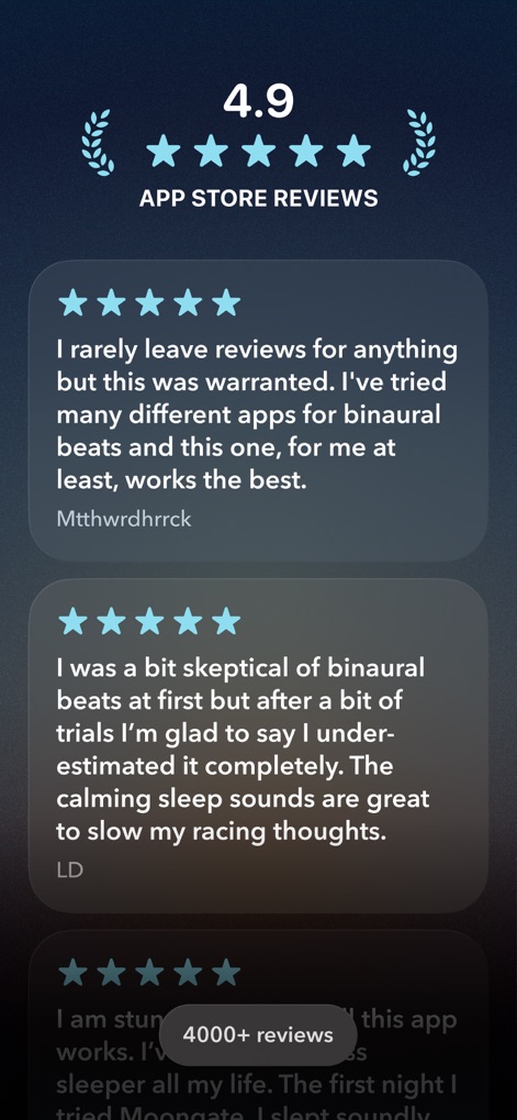 Moongate: Binaural Beats - The app proudly displays its 4.9-star rating alongside genuine user reviews, highlighting satisfaction with its calming sleep sounds and overall effectiveness.